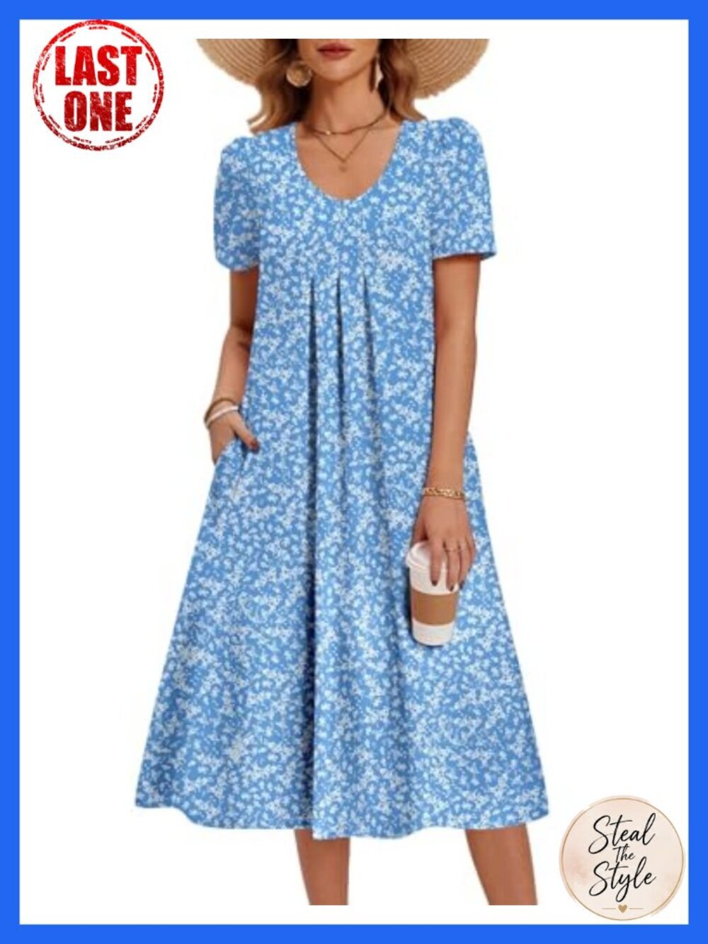 Floral Midi Sundress with Pockets V Neck Pleated Short Sleeve A-Line Beach